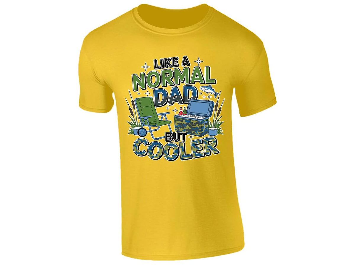 Yellow men's T-shirt with “Like a normal dad but cooler” camping chair and cool box design