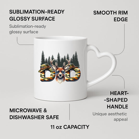 Heart-handle mug with labels for 11oz capacity, glossy surface and heart-shaped handle