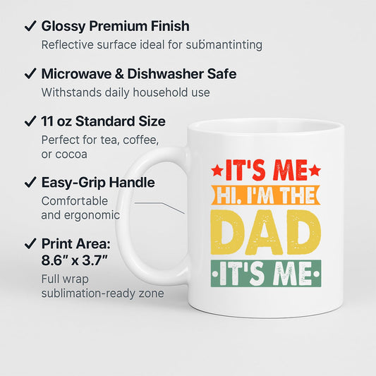 White mug with labels for 11oz size, glossy finish, easy-grip handle and print area