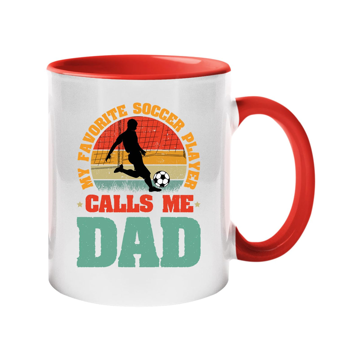 Colour handle mug with a footballer in silhouette on a retro sunset with “My favorite soccer player calls me Dad” – red handle and inside