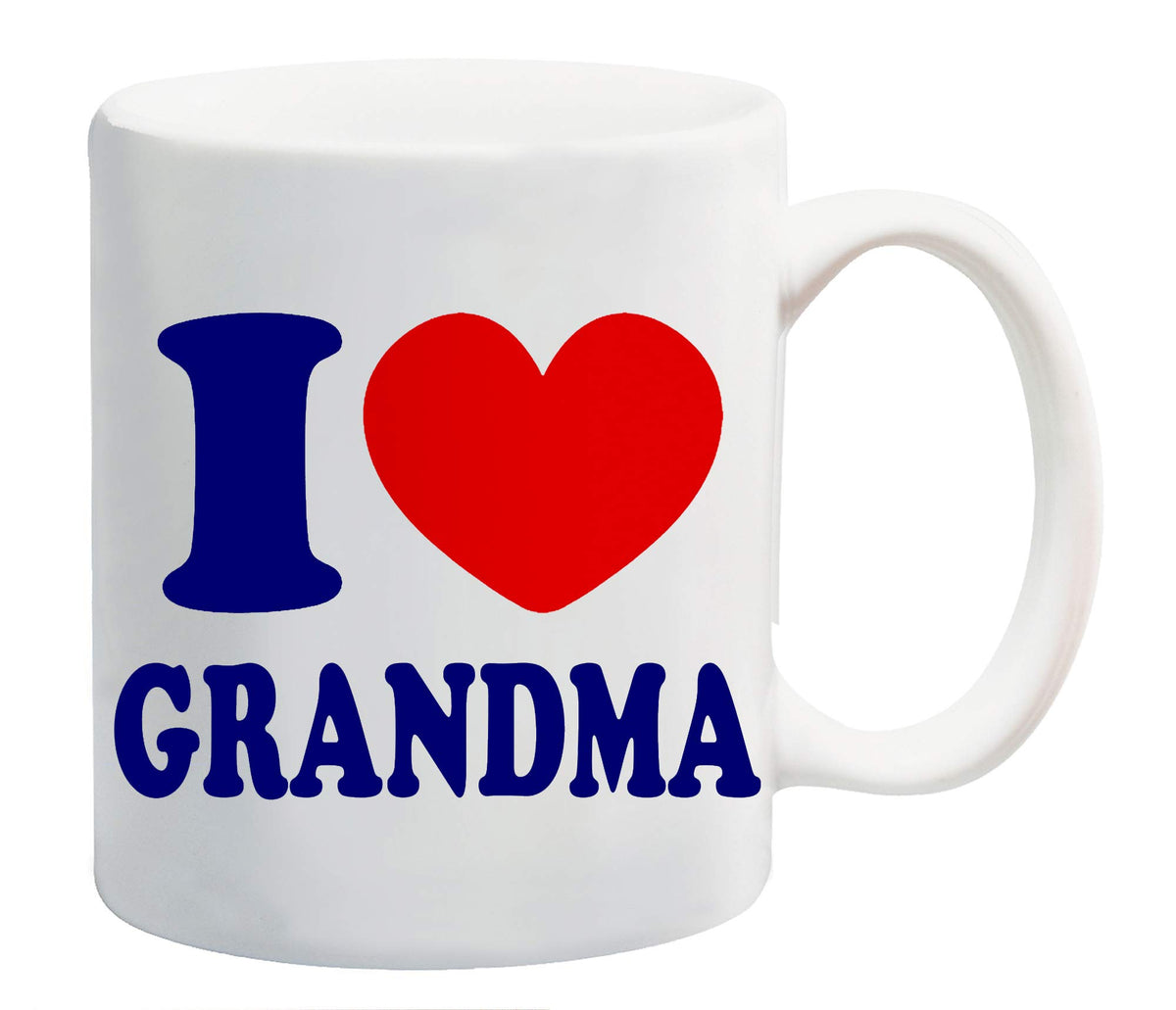 White mug printed “I ❤ GRANDMA” in navy with a red heart