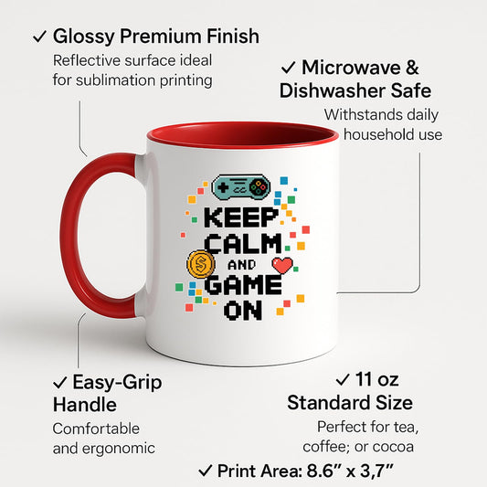 Colour handle mug with labels for 11oz size and easy-grip handle