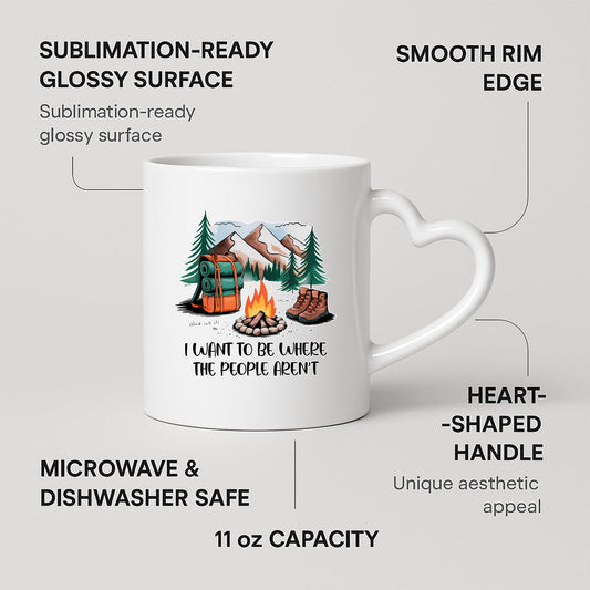Heart-handle mug with labels for 11oz capacity, glossy surface and heart-shaped handle