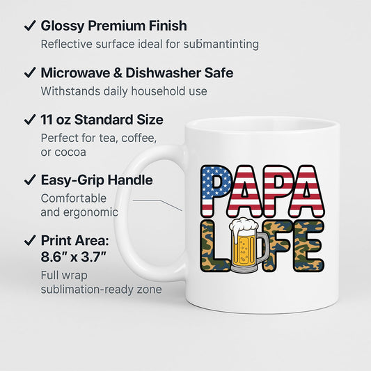 White mug with labels for 11oz size, glossy finish, easy-grip handle and print area