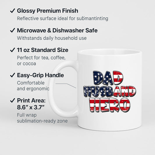 White mug with labels for 11oz size, glossy finish, easy-grip handle and print area