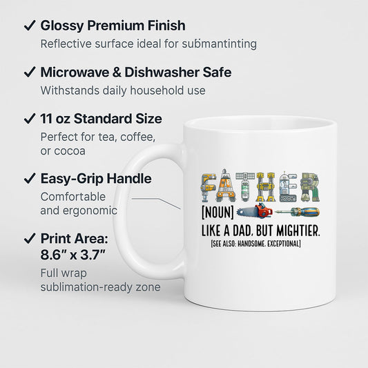 White mug with labels for 11oz size, glossy finish, easy-grip handle and print area