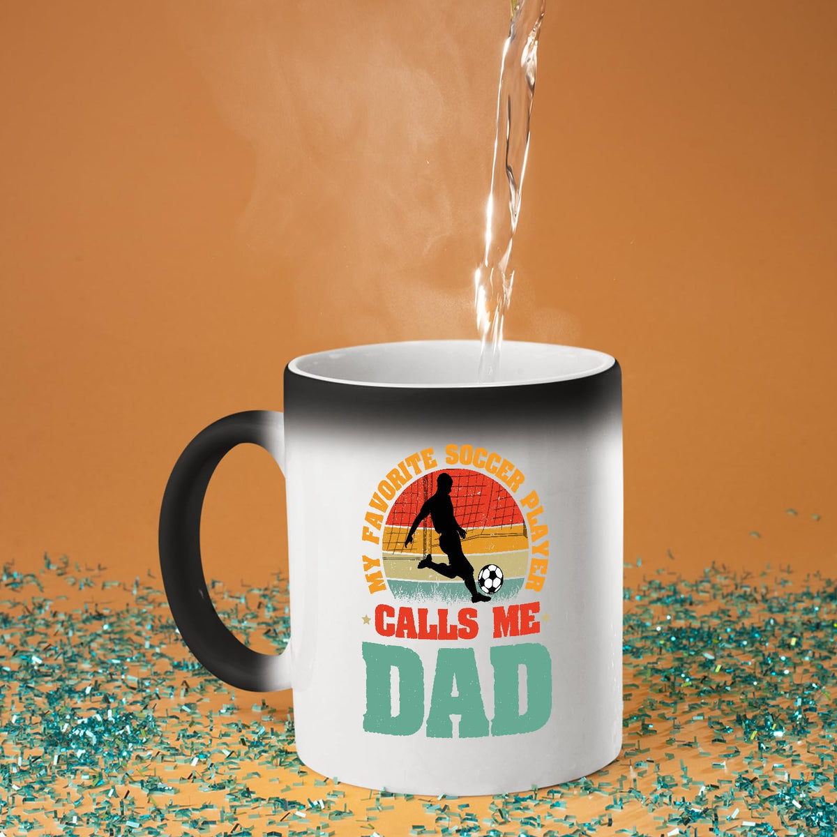 Hot water poured into the Soccer Dad colour changing mug as the design appears