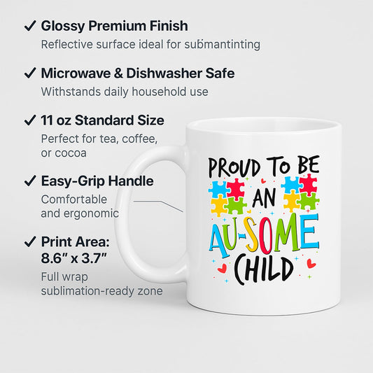 White mug with labels for 11oz size, glossy finish, easy-grip handle and print area