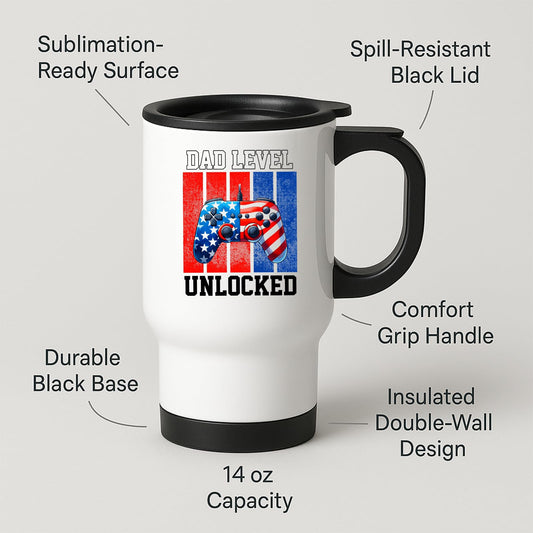 Travel mug with labels for spill-resistant lid, insulated double wall and 14oz capacity