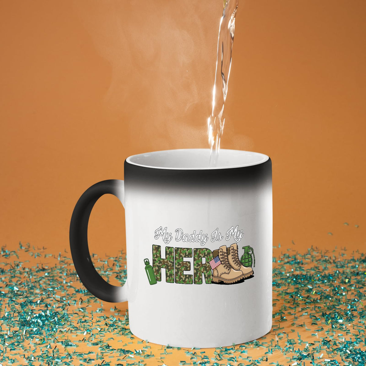 Hot water poured into the My Daddy Is My Hero military colour changing mug as the design appears