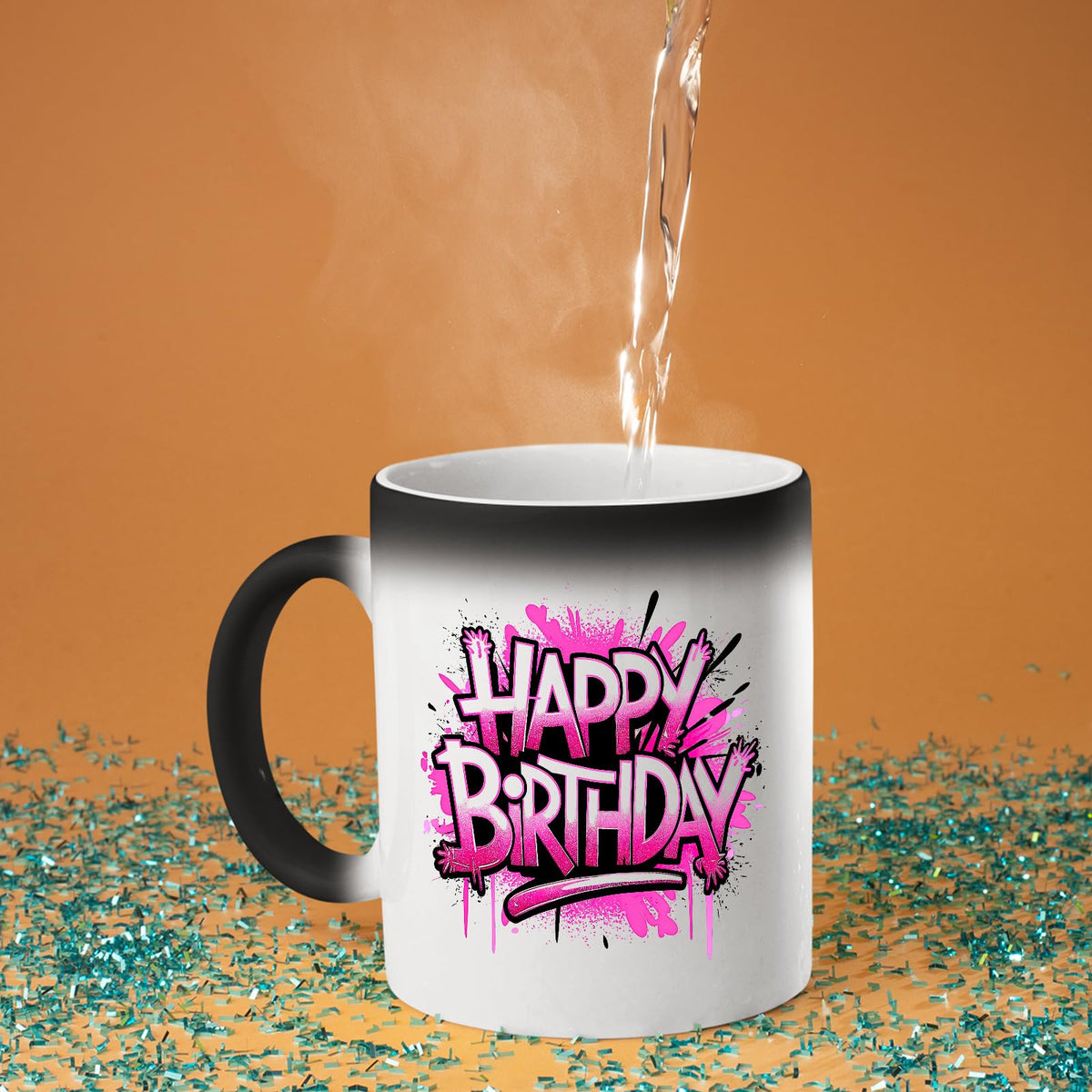 Hot water poured into the Happy Birthday pink graffiti colour changing mug as the design appears