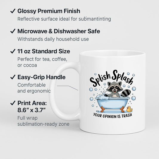 White mug with labels for 11oz size, glossy finish, easy-grip handle and print area