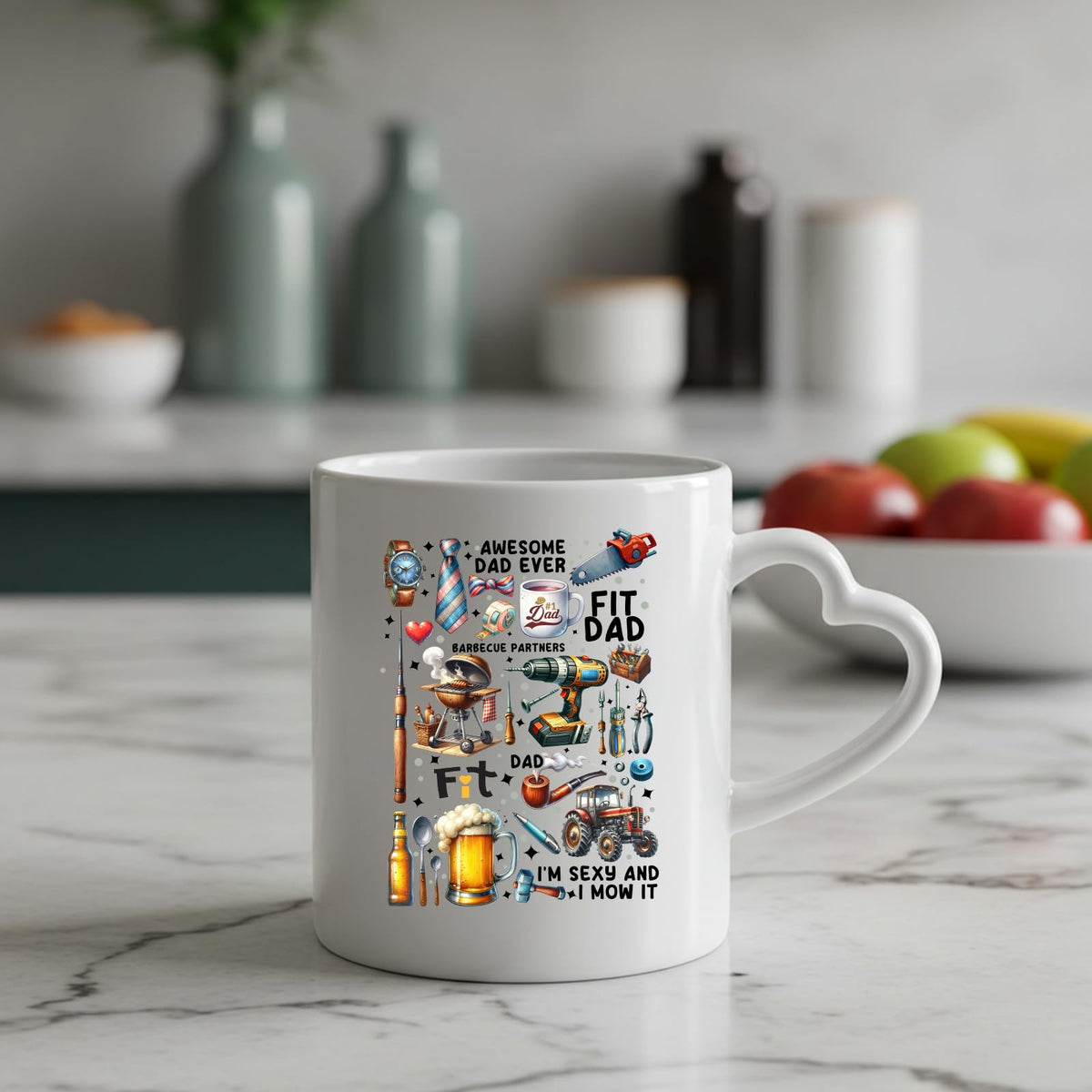 Awesome Dad Ever icons heart-handle mug on a marble counter with fruit