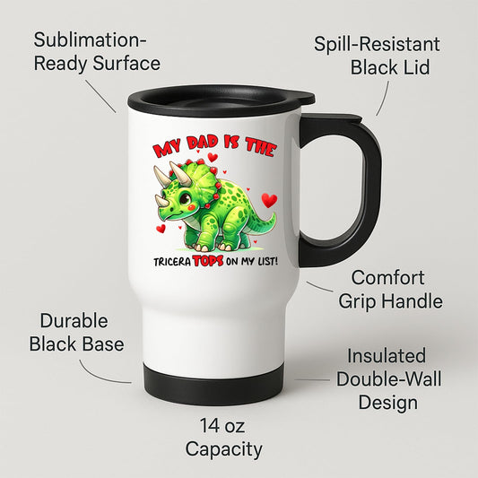 Travel mug with labels for spill-resistant lid, insulated double wall and 14oz capacity