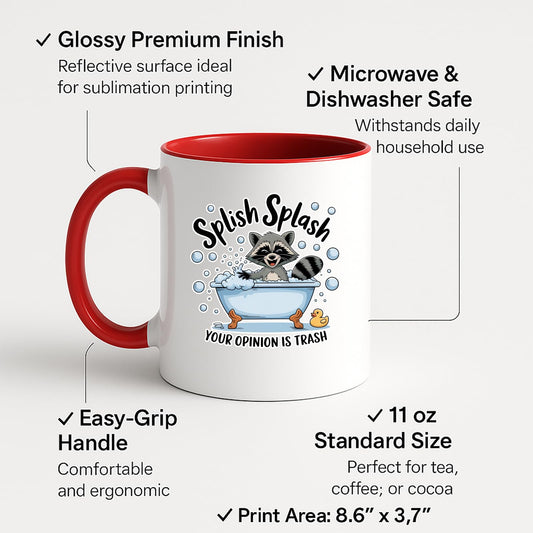 Colour handle mug with labels for 11oz size, glossy finish and easy-grip handle