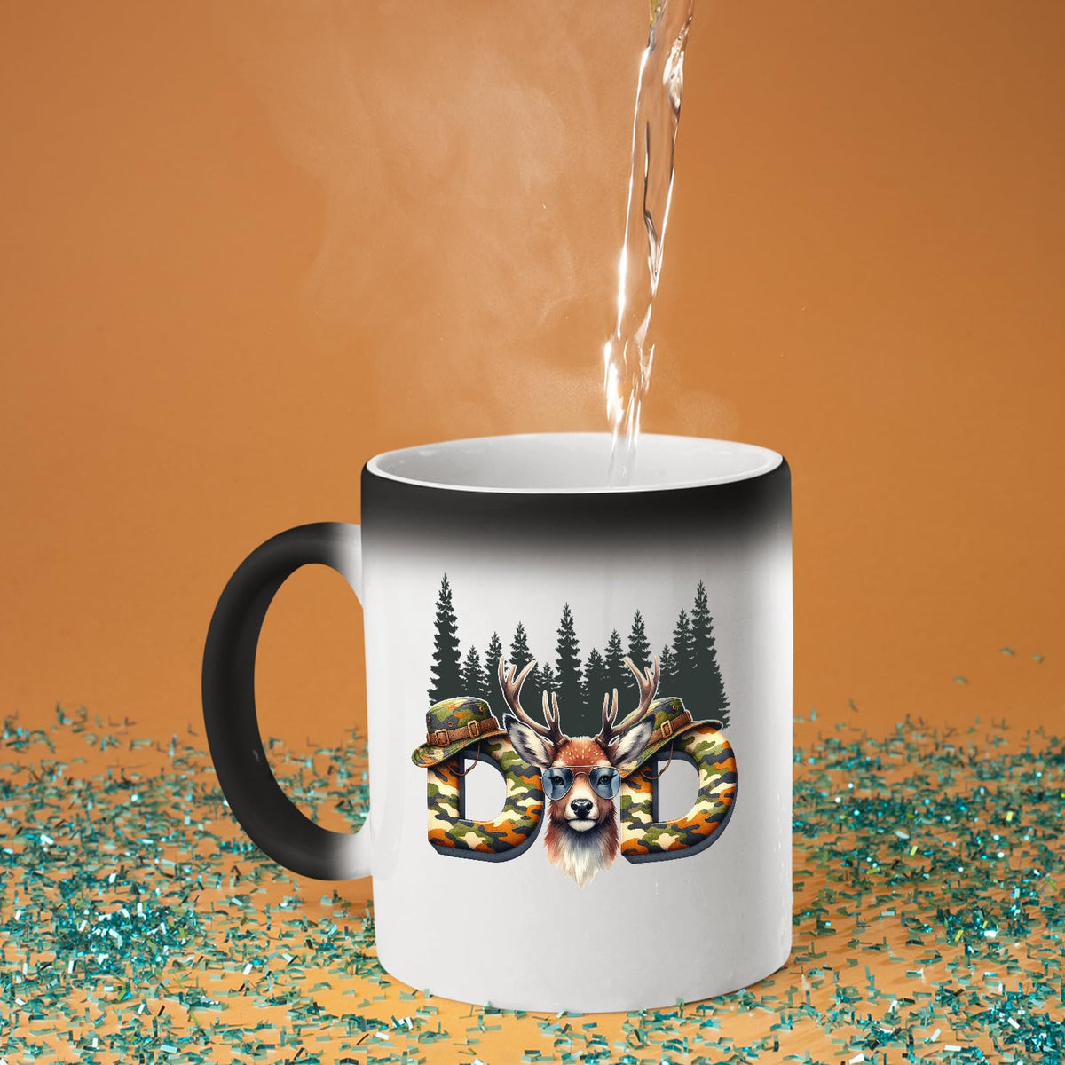 Hot water poured into the Hunting Dad deer colour changing mug as the design appears