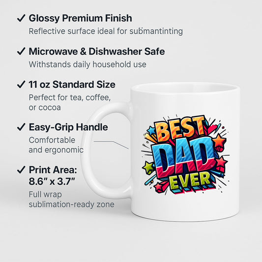 White mug with labels for 11oz size, glossy finish, easy-grip handle and print area