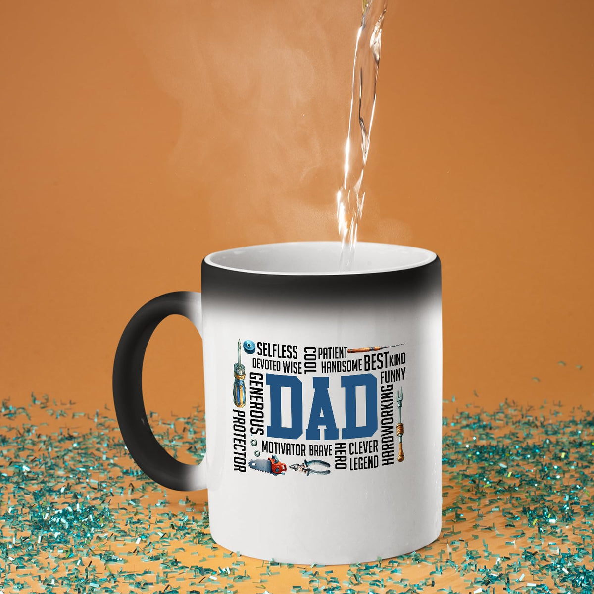 Hot water poured into the DAD word cloud colour changing mug as the design appears