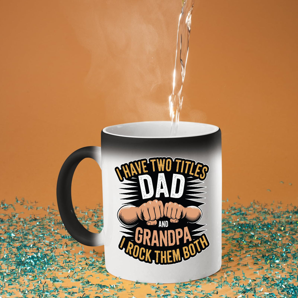 Hot water poured into the Two Titles Dad and Grandpa colour changing mug as the design appears