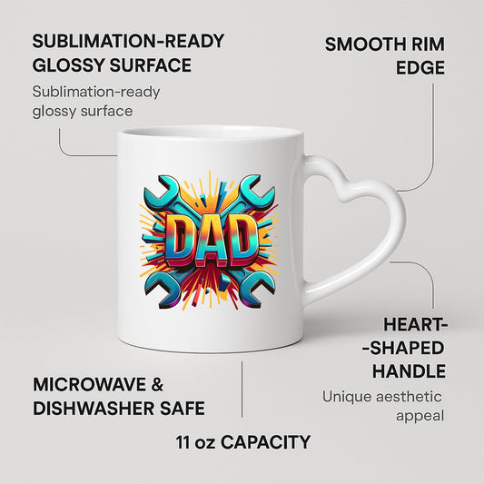 Heart-handle mug with labels for 11oz capacity, glossy surface and heart-shaped handle