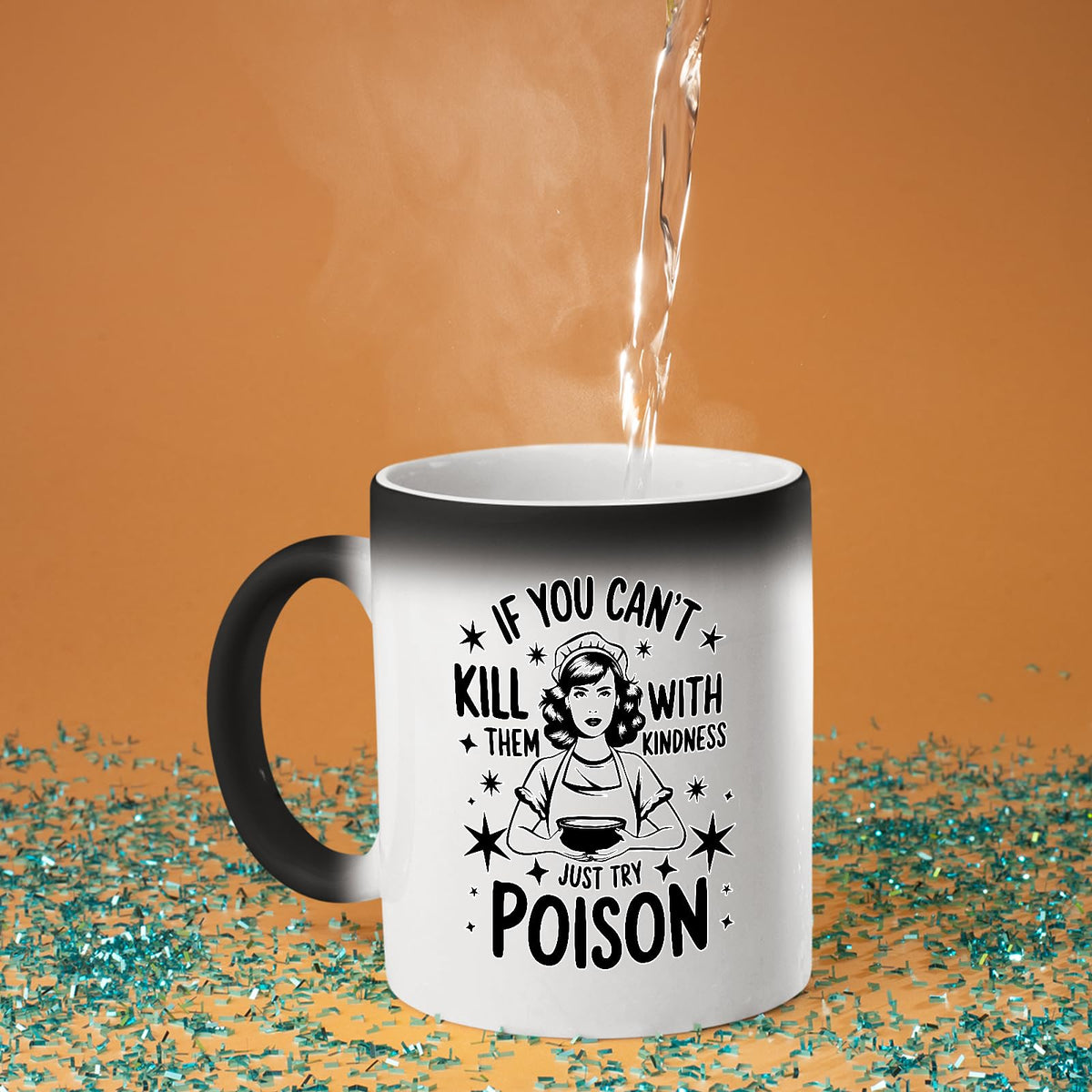 Hot water poured into the Just Try Poison colour changing mug as the design appears