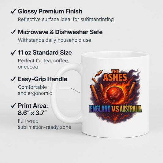 Ashes cricket mug with labels for 11oz size and C-handle
