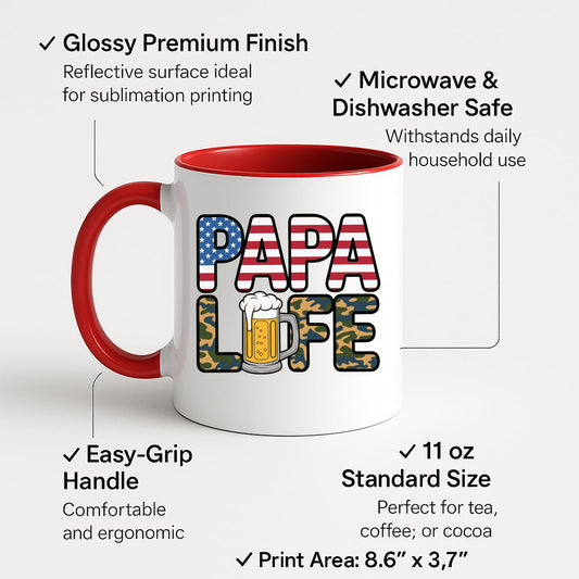 Colour handle mug with labels for 11oz size, glossy finish and easy-grip handle