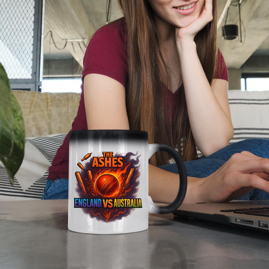 Woman at a laptop with the Ashes colour changing mug