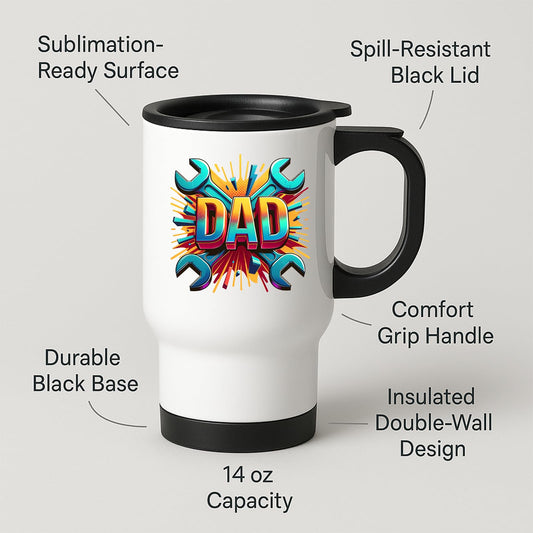 Travel mug with labels for spill-resistant lid, insulated double wall and 14oz capacity