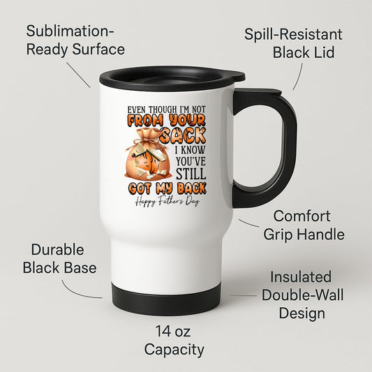 Travel mug with labels for spill-resistant lid, insulated double wall and 14oz capacity