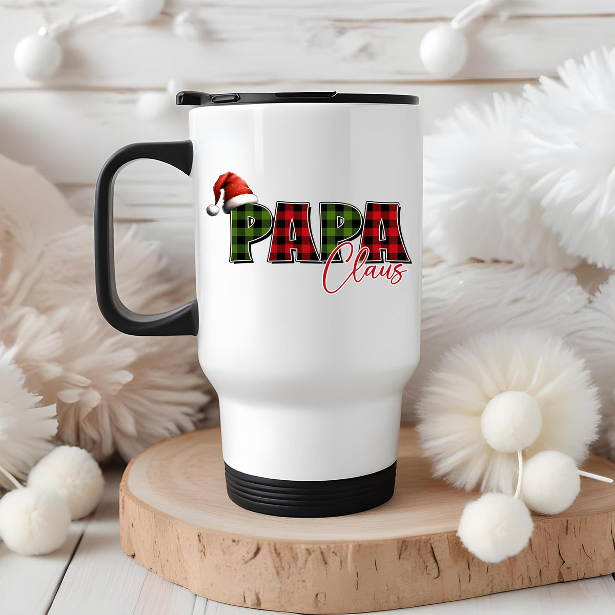 Papa Claus travel mug on a wooden slice with white pom-poms