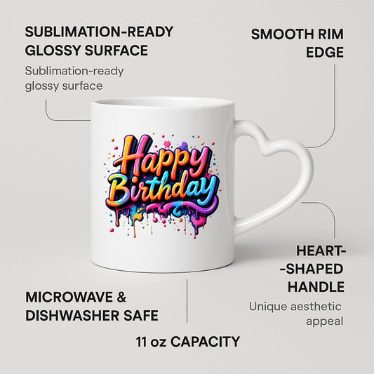 Heart-handle mug with labels for 11oz capacity, glossy surface and heart-shaped handle