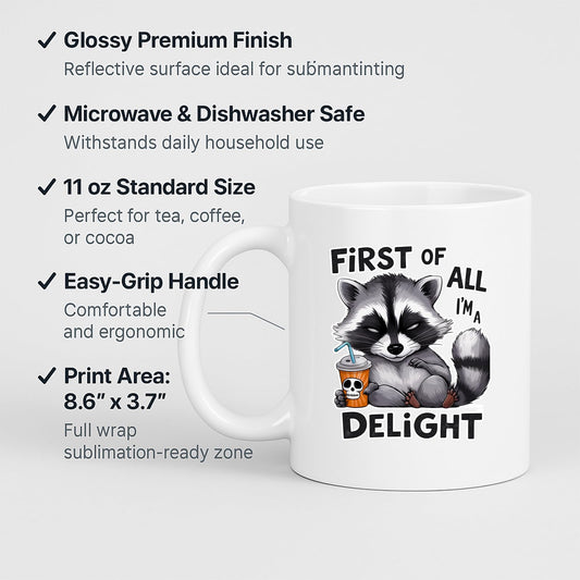 White mug with labels for 11oz size, glossy finish, easy-grip handle and print area