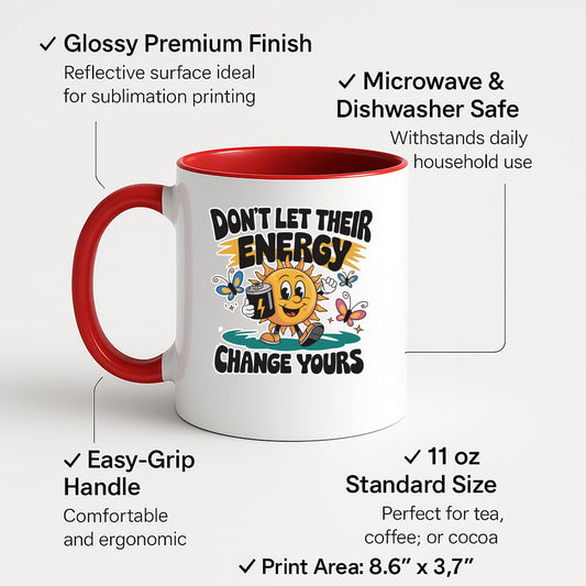 Colour handle mug with labels for 11oz size, glossy finish and easy-grip handle
