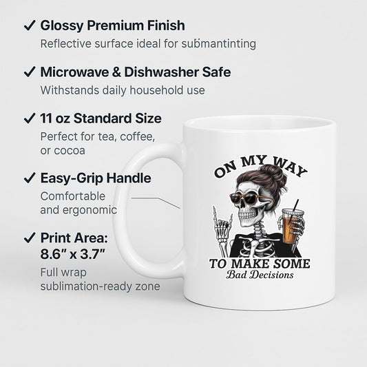 White mug with labels for 11oz size, glossy finish, easy-grip handle and print area