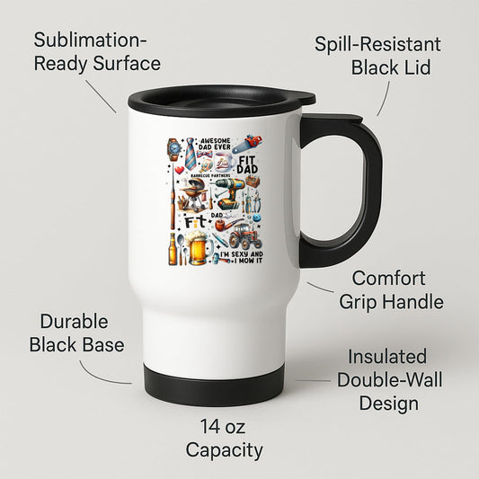 Travel mug with labels for spill-resistant lid, insulated double wall and 14oz capacity