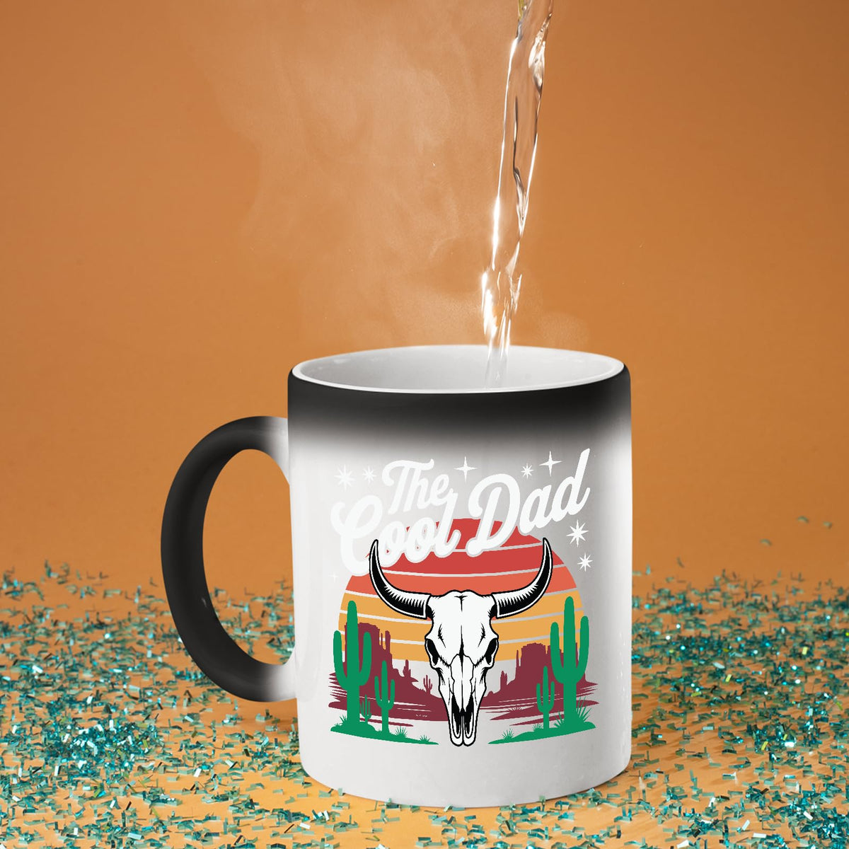 Hot water poured into the The Cool Dad bull skull colour changing mug as the design appears