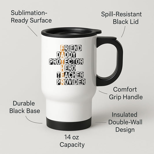 Travel mug with labels for spill-resistant lid, insulated double wall and 14oz capacity