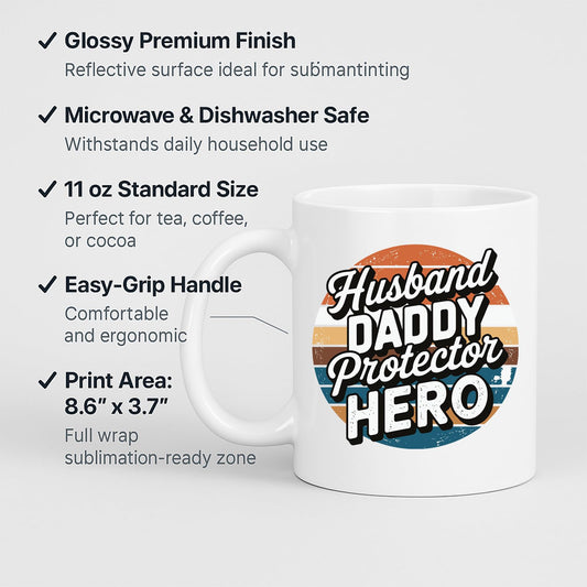White mug with labels for 11oz size, glossy finish, easy-grip handle and print area