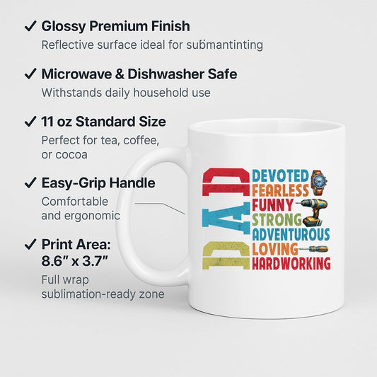 White mug with labels for 11oz size, glossy finish, easy-grip handle and print area