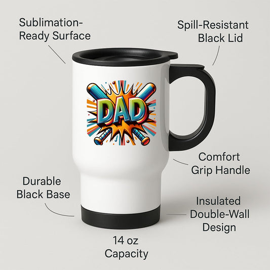Travel mug with labels for spill-resistant lid, insulated double wall and 14oz capacity