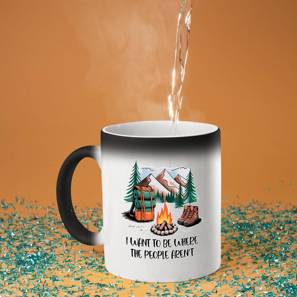 Hot water poured into the camping escape colour changing mug as the design appears