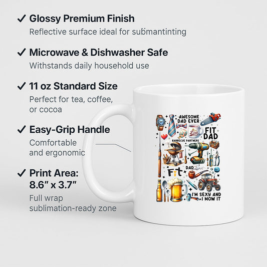 White mug with labels for 11oz size, glossy finish, easy-grip handle and print area