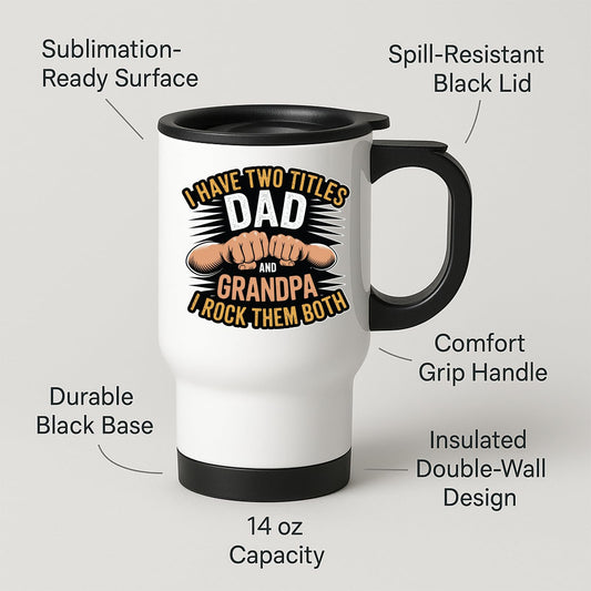 Travel mug with labels for spill-resistant lid, insulated double wall and 14oz capacity