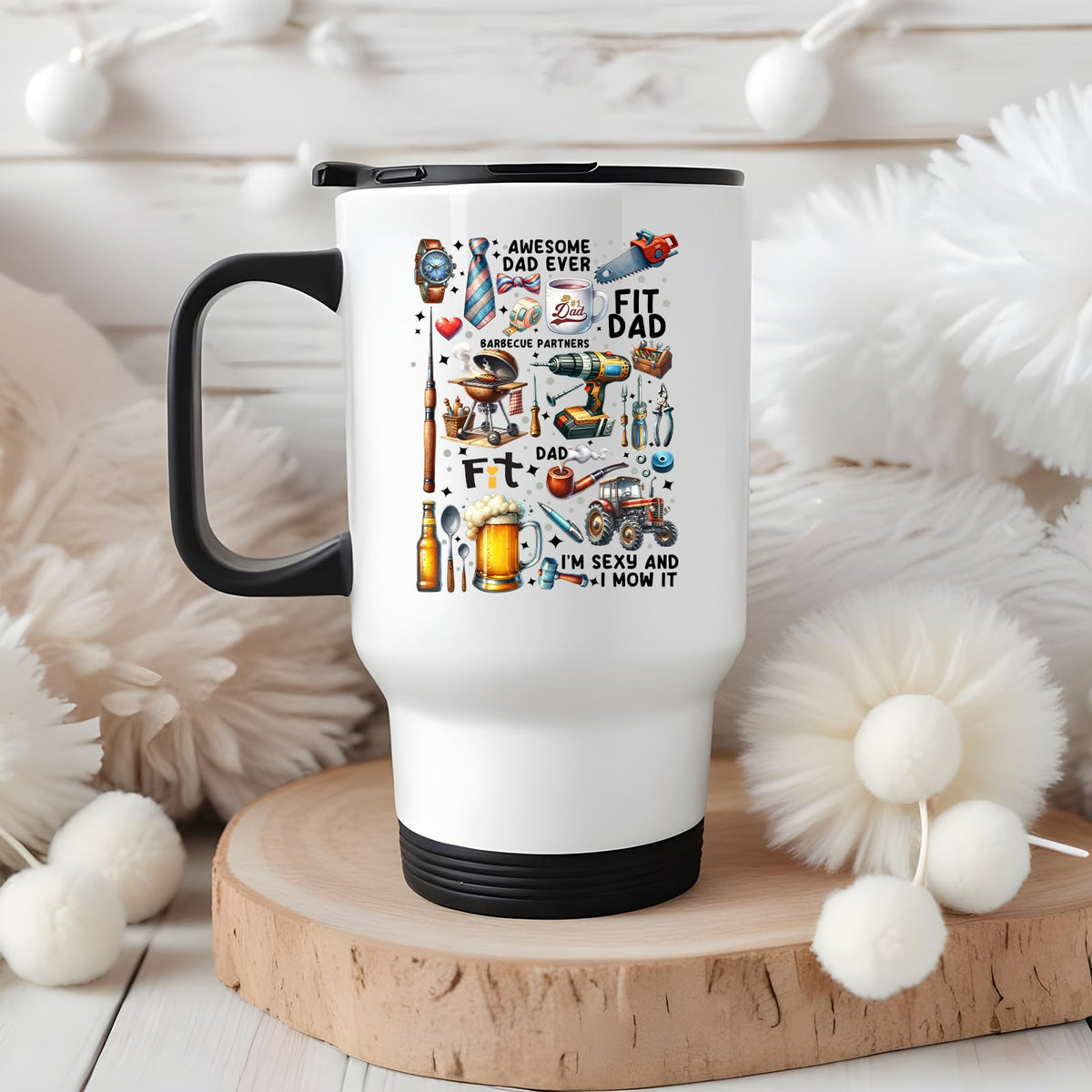 Awesome Dad Ever icons travel mug on a wooden slice with white pom-poms