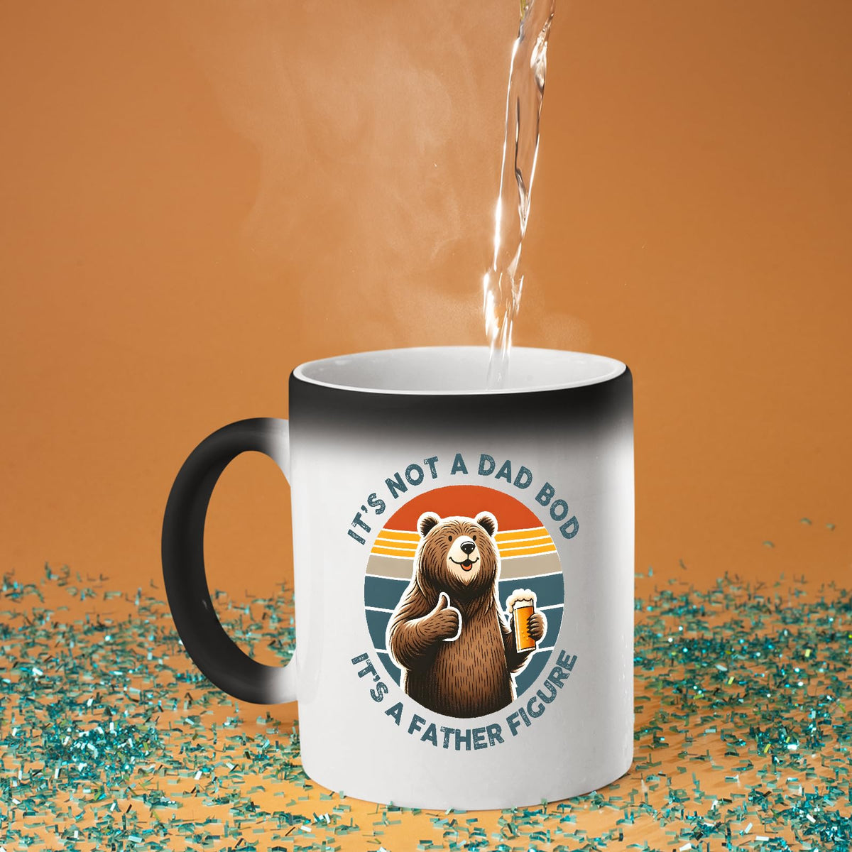 Hot water poured into the Dad Bod bear colour changing mug as the design appears