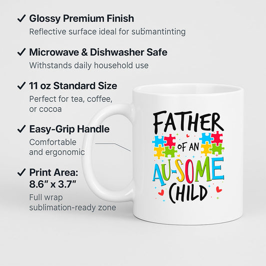 White mug with labels for 11oz size, glossy finish, easy-grip handle and print area