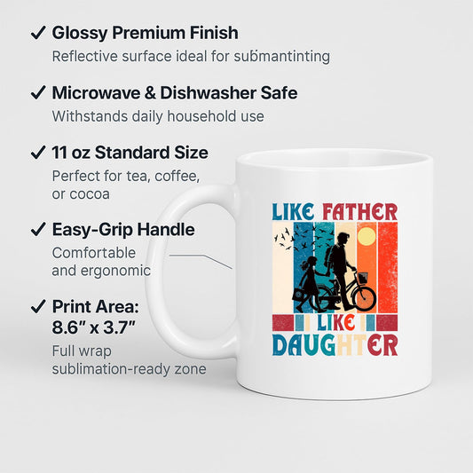 White mug with labels for 11oz size, glossy finish, easy-grip handle and print area
