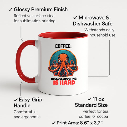 Colour handle mug with labels for 11oz size, glossy finish and easy-grip handle