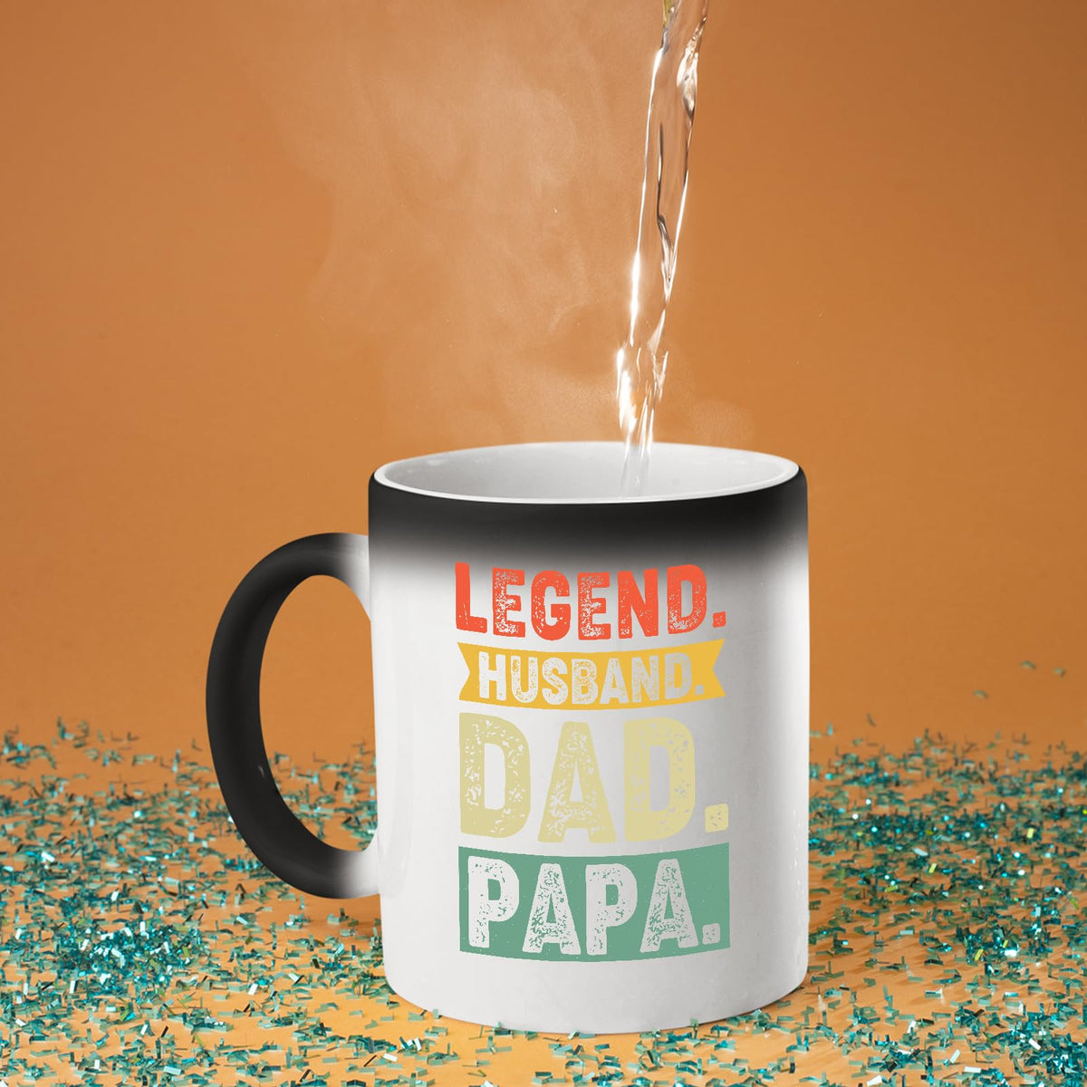 Hot water poured into the Legend Husband Dad Papa colour changing mug as the design appears